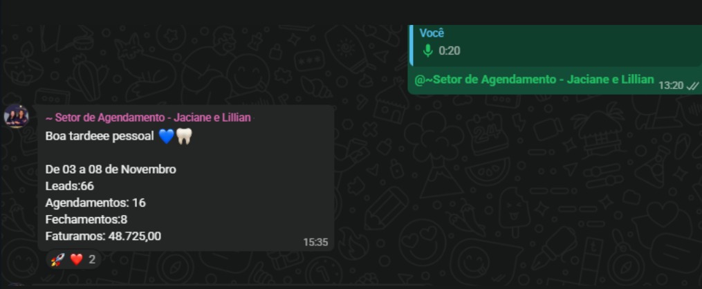 Captura de relatório comercial com números de contatos, agendamentos e fechamentos