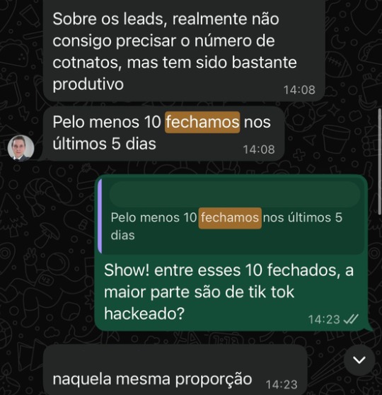 Captura de conversa sobre vendas em cinco dias